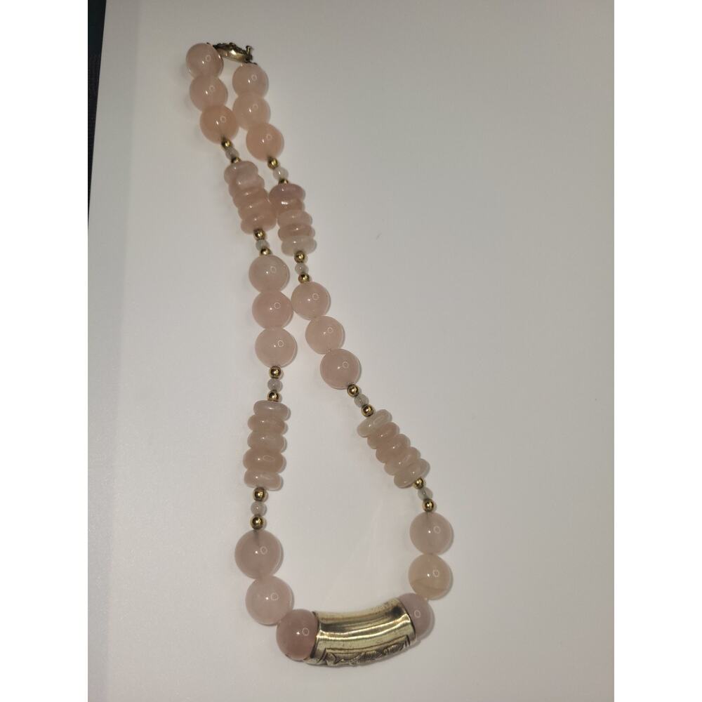 Vintage Artisan Silver Pink Rose Quartz Beaded Chunky Necklace